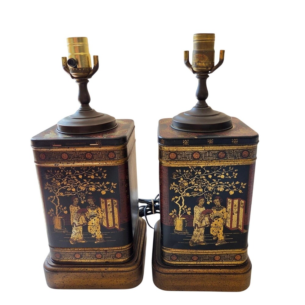 Vintage Chinoiserie Tin Table Lamps Pair Black Gold Asian Figures Cranes Set 2